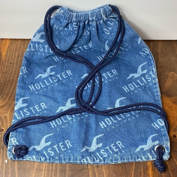 Y2K Style Hollister Bag Drawstring‎ Denim Jean Backpack with Logo - Picture 3 of 5